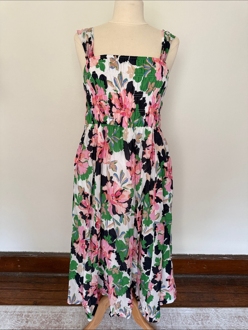Tommy Hilfiger Pink, Green & Black Floral Smocked Midi Dress